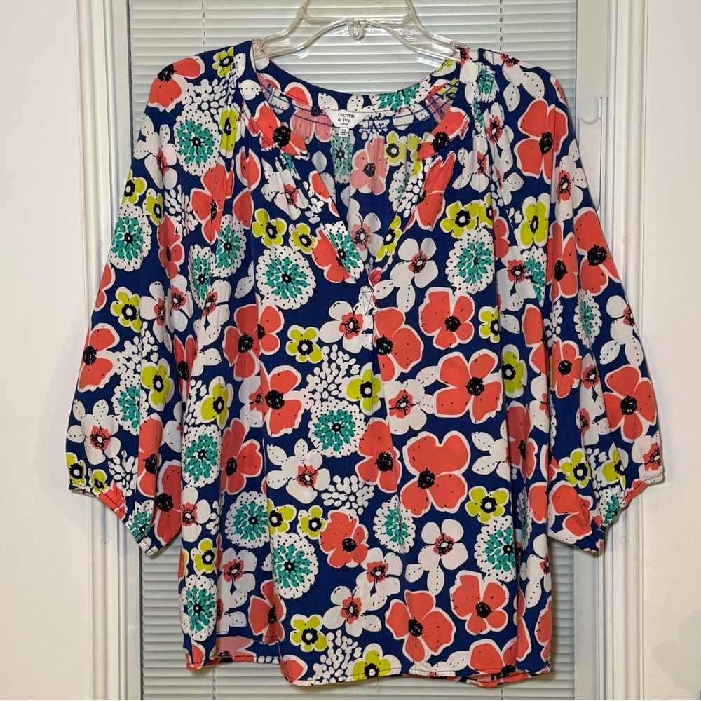 Crown & Ivy Navy Neon Floral V-Neck Peasant Blouse 3X XXL